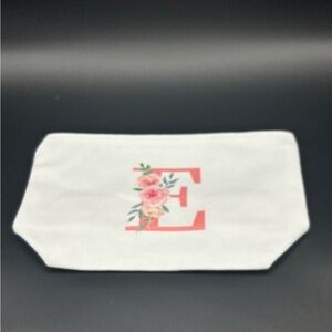 Monogrammed Floral “E” Cosmetic Bag - White Canvas - 9x6